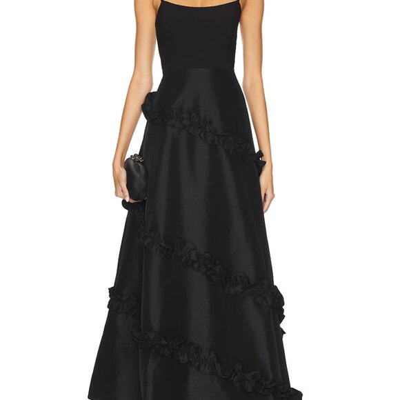 REVOLVE Dresses & Skirts - 🖤✨ Likely Arissa Gown Black Ruffle Trim Taffeta Maxi Dress Sz 12